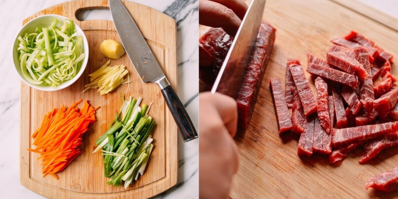 Nguyên liệu rửa sạch, thái sợi Nguyên liệu rửa sạch, thái sợi
