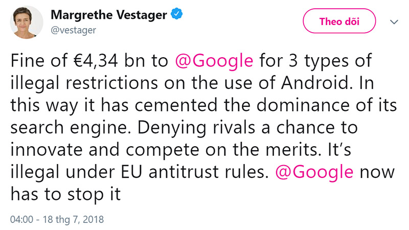 Đoạn Tweet mới nhất của bà Margrethe Vestager, Ủy viên trong Ủy ban chống độc quyền châu Âu đã đề cập đến mức án phát cho Google