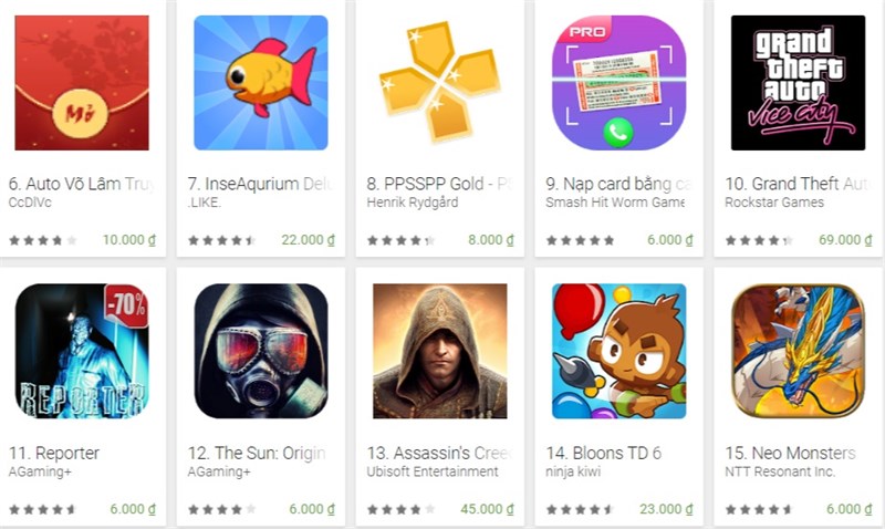 Các ứng dụng, game tính phí trên CH Play