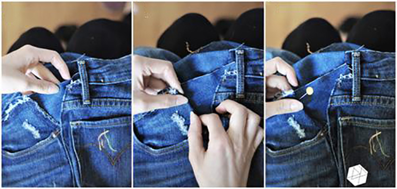 Dùng vải luồn vào cạp quần để nới rộng quần jeans bị chật