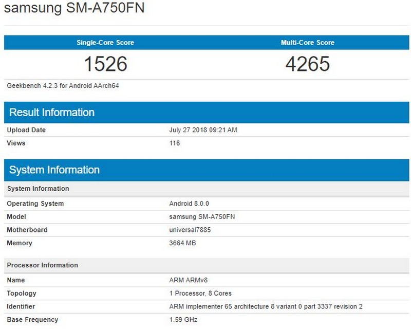 Galaxy A7 2018 lộ cấu hình, điểm sức mạnh trên Geekbench