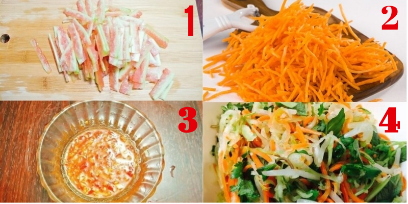 Nộm vỏ dưa hấu được làm từ vỏ dưa hấu, cà rốt, cà chua, đậu phộng rang,...