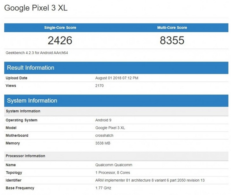 Google Pixel 3 XL với chip Snapdragon 845, RAM 4GB lộ điểm sức mạnh trên Geekbench