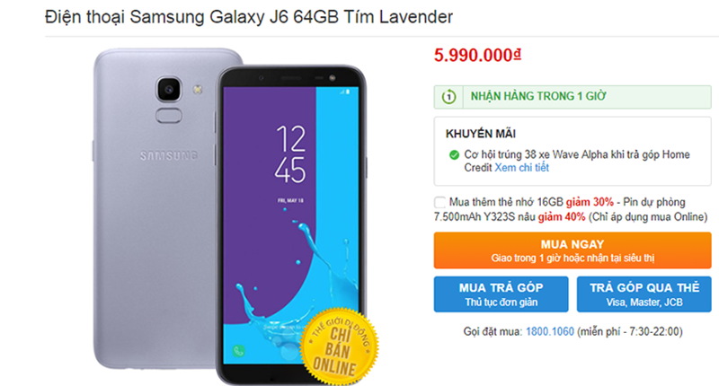 Samsung J6 mới: Tím Lavender + Bộ nhớ trong lên đến 64GB hiện chỉ bán ONLINE