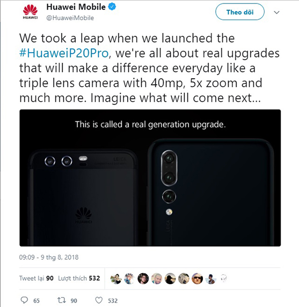 Huawei Mate 20 Pro hứa hẹn với những cải tiến vượt bậc Trong tháng 10 này, Huawei dự kiến sẽ cho ra mắt Mate 20 Pro và Mate 20 và những thông tin ban đầu về hai chiếc smartphone này đã dần được tiết lộ. Mới đây, trên Twitter, Huawei hứa hẹn rằng sẽ mang đến những cải tiến vượt bậc cho hai sản phẩm mới của mình.