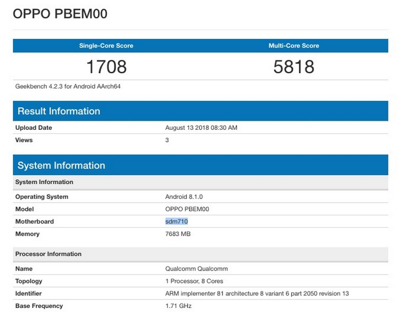 OPPO R17 Pro xuất hiện trên Geekbench: Chip Snapdragon 710 + RAM 8GB