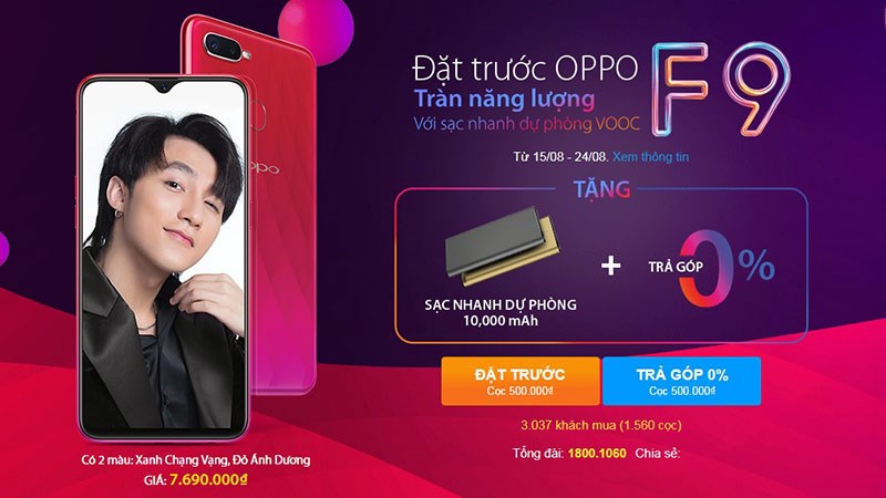 Chưa đầy 24 giờ, OPPO F9 đã có hơn 3.000 đơn đặt hàng, hơn 1.500 khách cọc mua