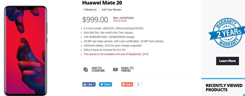 Huawei Mate 20 lộ cấu hình đầy đủ kèm giá bán ngang ngửa iPhone X