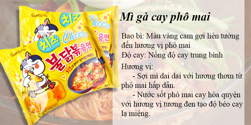 Mì cay khô Samyang vị phô mai xen lẫn vị bùi béo hấp dẫn