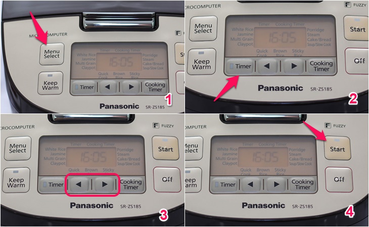 Hướng dẫn sử dụng nồi cơm điện tử Panasonic 1.8 lít SR-ZS185TRAM > Chức năng hẹn giờ
