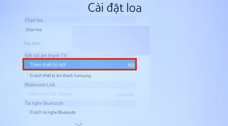 Bước 2: Nhấn vào nút MENU vào cài đặt > sau đó chọn vào mục Âm thanh > Chọn Cài đặt loa.” class=”lazy” src=”https://cdn.tgdd.vn/Files/2018/08/19/1111010/ket-noi-loa-bluetooth-voi-tivi-samsung-12.jpg” title=”Bước 2: Nhấn vào nút MENU vào cài đặt > sau đó chọn vào mục Âm thanh > Chọn Cài đặt loa.”/></p>
<p><strong>Bước 3: </strong>Chọn vào mục <strong>Thêm thiết bị mới </strong>để mở kết nối âm thanh trên tivi.</p>
<p><img alt=