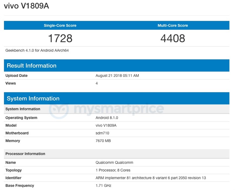 Vivo X23 dùng chip xử lý Snapdragon 710 xuất hiện trên Geekbench