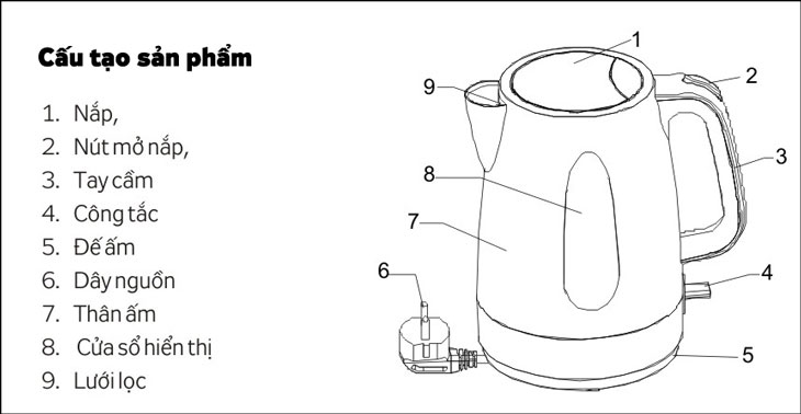 Tư vấn chọn ấm siêu tốc nên mua hãng nào, loại nào tốt, an toàn, tiết kiệm điện? > Cấu tạo của ấm siêu tốc