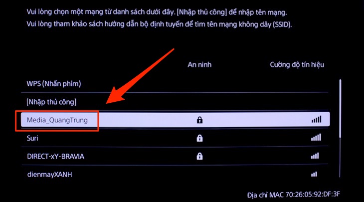 Các tên WiFi hiển thị trên tivi Sony