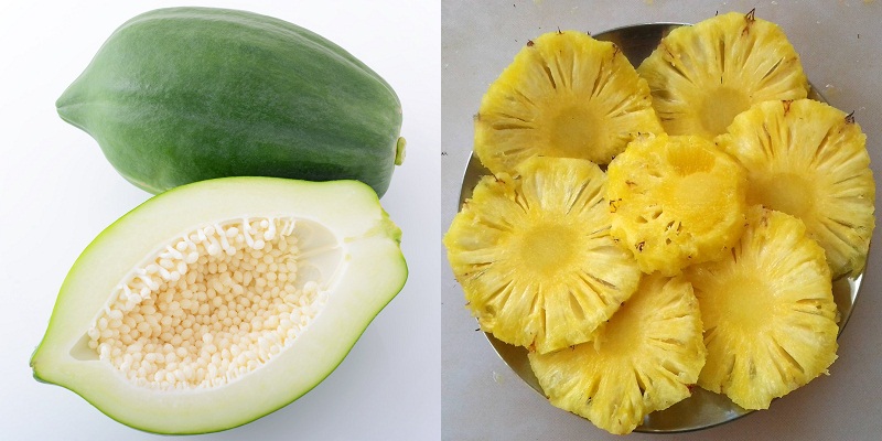 Đu đủ xanh và dứa chứa các enzyme có tác dụng làm mềm thịt. Đu đủ xanh và dứa chứa các enzyme có tác dụng làm mềm thịt.