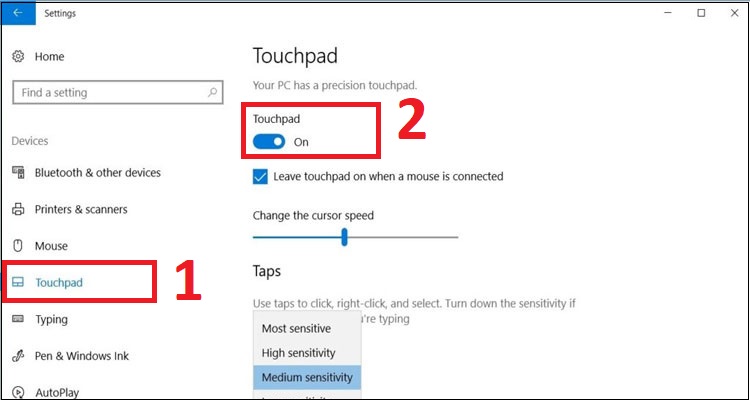 Bước 2: Chọn mục Touchpad ở bên trái giao diện > Nhấn vào thanh trượt tại mục Touchpad để bật và tắt