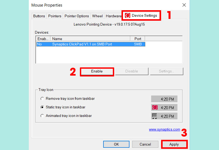 Bước 3: Khi thẻ Mouse Properties hiện lên, bạn chọn thẻ Device Settings