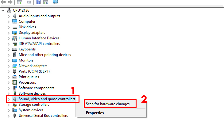 Chọn Scan for hardware changes