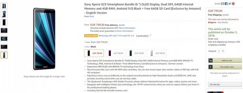 Xperia XZ3 có giá bán tại châu Âu, lên kệ từ 5/10
