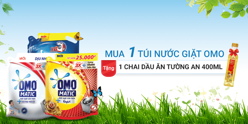 Mua 1 túi nước giặt Omo tặng 1 chai dầu ăn Tường An 400ml giá 21.500đ Mua 1 túi nước giặt Omo tặng 1 chai dầu ăn Tường An 400ml giá 21.500đ