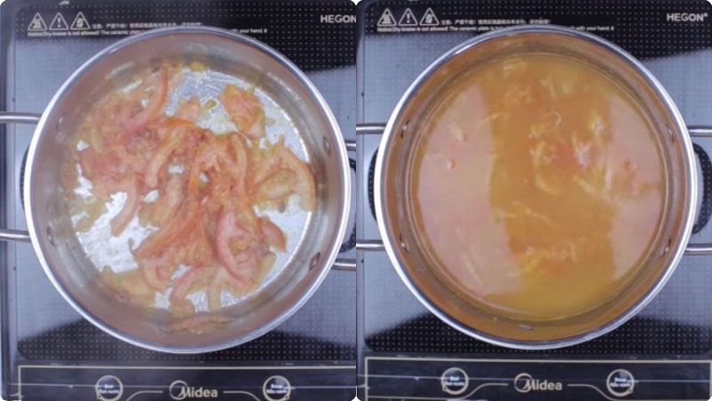 Việc xào cà chua sẽ giúp món canh có màu đẹp và nhìn ngon miệng hơn.