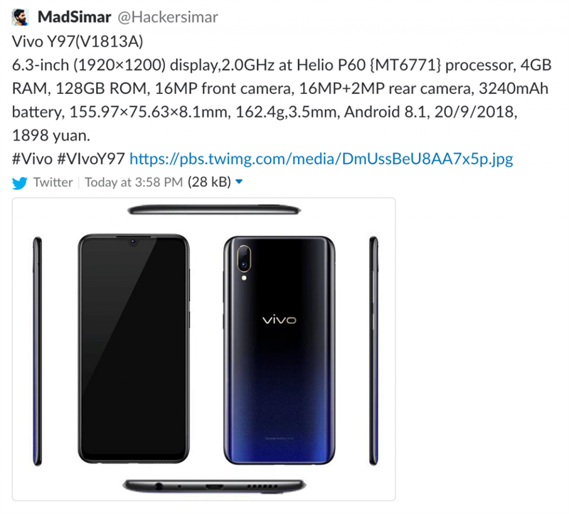 Vivo Y97 dùng chip Helio P60 rò rỉ ảnh render và giá bán