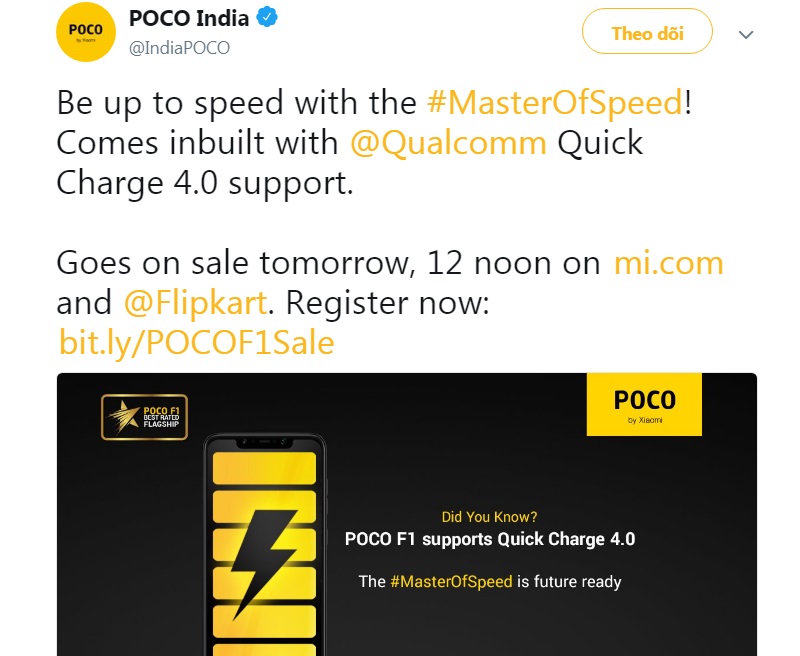 Xiaomi POCO F1 hỗ trợ sạc nhanh Quick Charge 4.0 Xiaomi POCO F1 hỗ trợ sạc nhanh Quick Charge 4.0