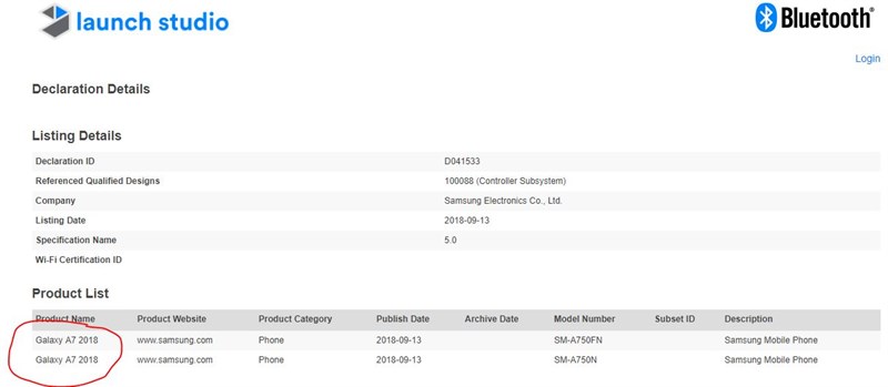 Galaxy A7 (2018) đạt chứng nhận Bluetooth, sắp sửa ra mắt?