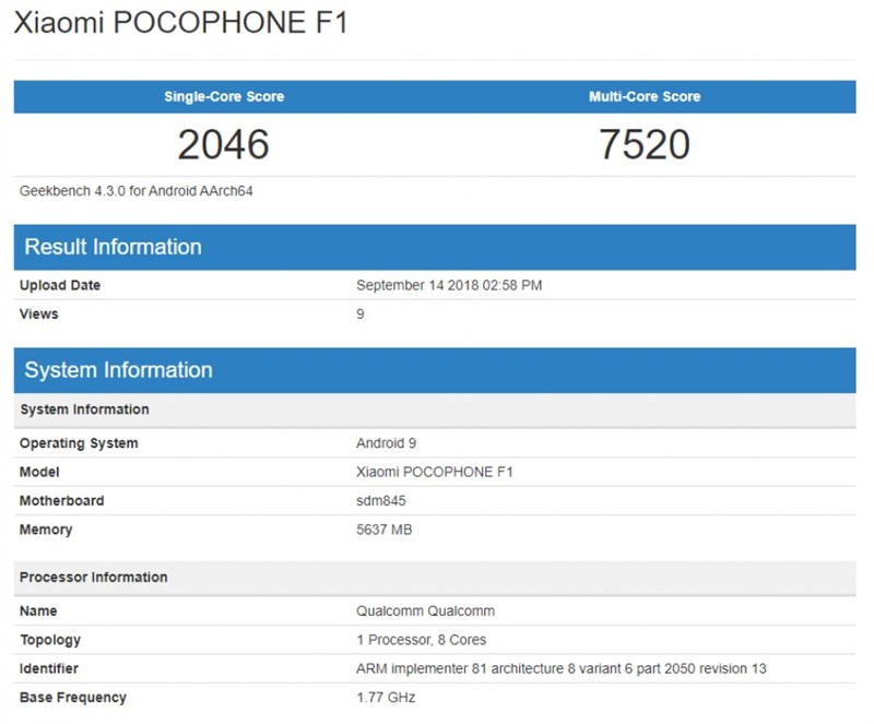 Kiểm tra điểm chuẩn của Pocophone F1 trên GeekBench lúc 2h58 PM