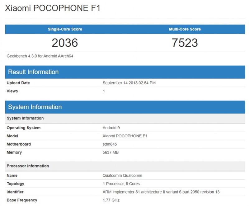Pocophone F1 chạy Android 9 Pie xuất hiện trên GeekBench