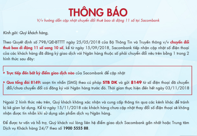 Đổi sim 11 số thành 10 số ngân hàng Sacombank