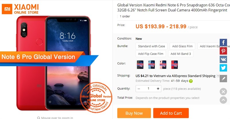 Xiaomi Redmi Note 6 Pro phiên bản quốc tế được rao bán trên AliExpress