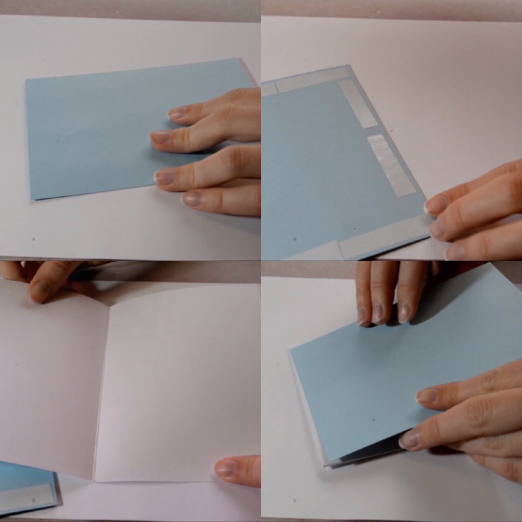 Bước 1: Các bạn gấp đôi tờ giấy bìa A4, dùng băng keo 2 mặt dán miếng giấy màu lên để làm trang bìa.