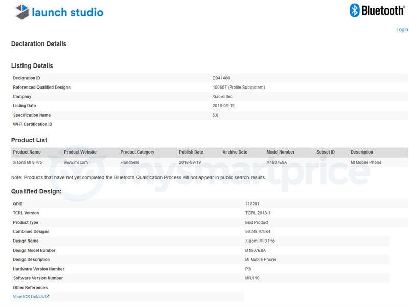 Xiaomi MI 8 Pro chạy giao diện MIUI 10 được chứng nhận Bluetooth