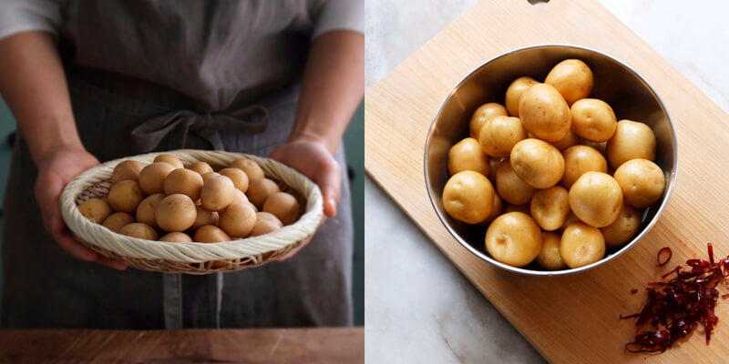Rửa sạch khoai và cắt nhỏ tảo bẹ. Rửa sạch khoai và cắt nhỏ tảo bẹ.