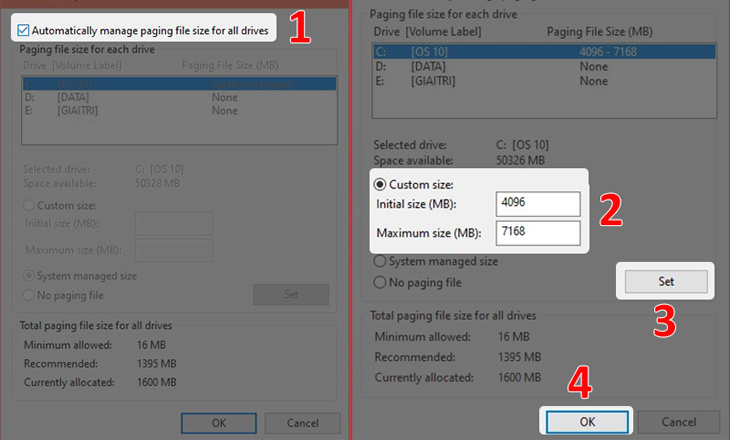 Bước 3: Bỏ đánh dấu ở dòng Automatically manage paging file size for all drives
