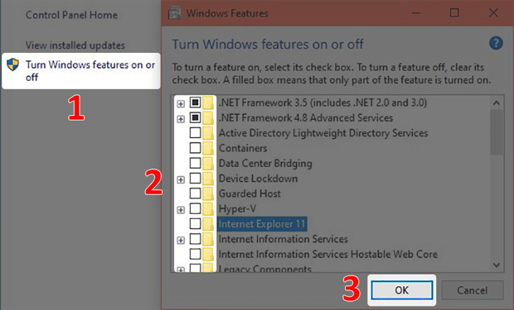 Chọn Programs & Features > Chọn Turn Windows features on or off > Bỏ tích các ứng dụng và tính năng không sử dụng > Nhấn OK.