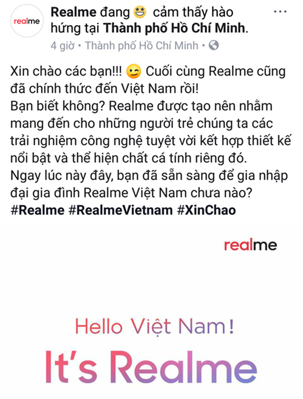 Kèm với hình ảnh là dòng trạng thái: Xin chào các bạn!!! Cuối cùng Realme cũng đã chính thức đến Việt Nam rồi!