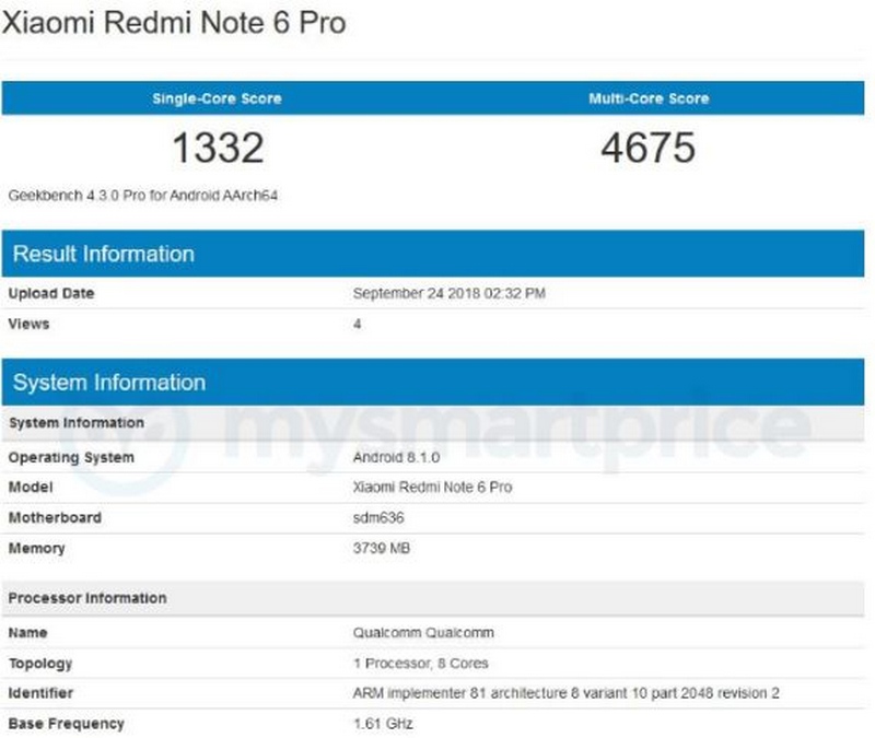 Xiaomi Redmi Note 6 Pro xuất hiện trên Geekbench: Snapdragon 636 + RAM 4GB