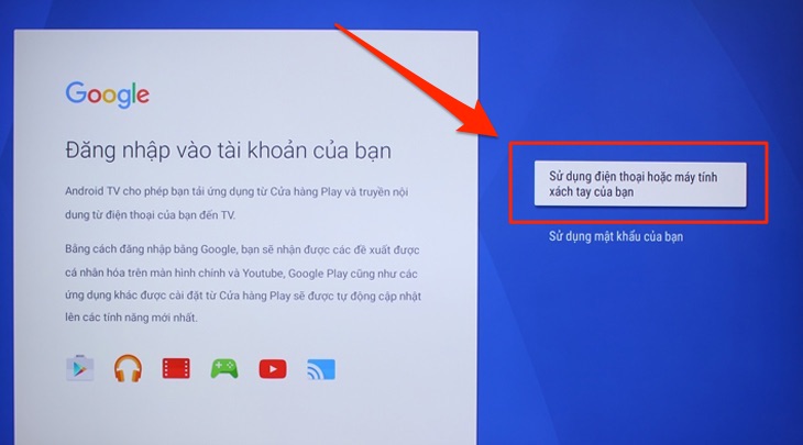 Nhập nhập tài khoản Google lên Android tivi Sony