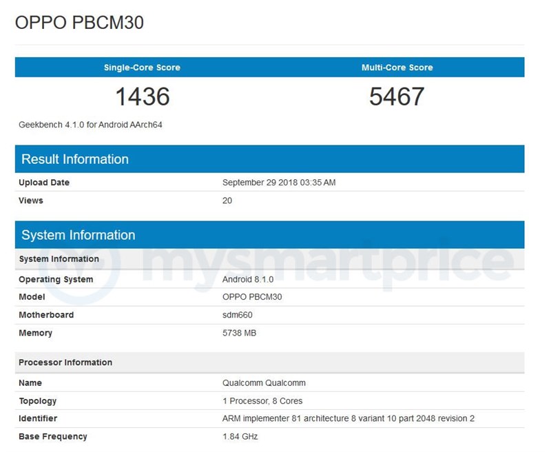 OPPO K1 dùng chip Snapdragon 660, RAM 6 GB xuất hiện trên Geekbench