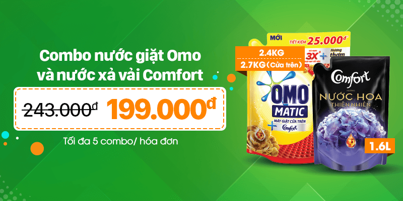 Combo nước giặt Omo, nước xả vải Comfort giá sốc 199k (giá gốc 243k)