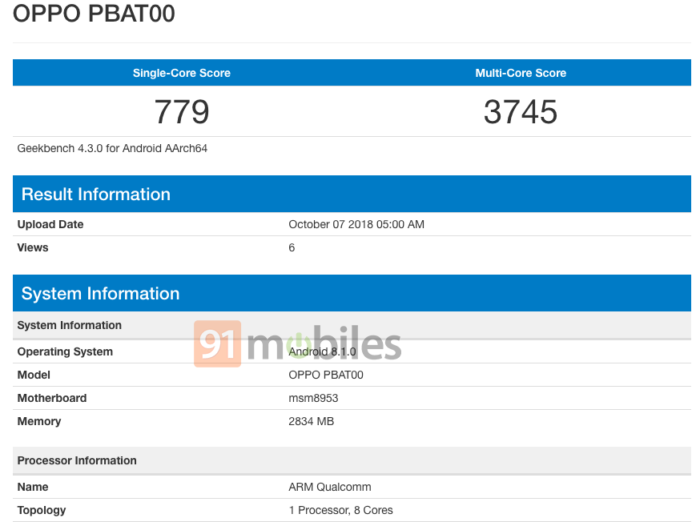 OPPO A5 phiên bản dùng chip Snapdragon 625 xuất hiện trên Geekbench