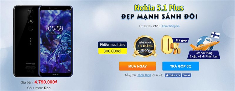 Nokia 5.1 Plus lên kệ Thế Giới Di Động: Trả góp 0%, bảo hành 18 tháng