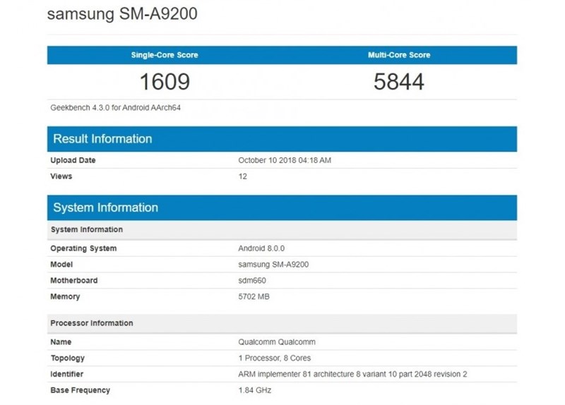 Galaxy A9 (2018) tích hợp 4 camera mặt sau lộ cấu hình trên Geekbench