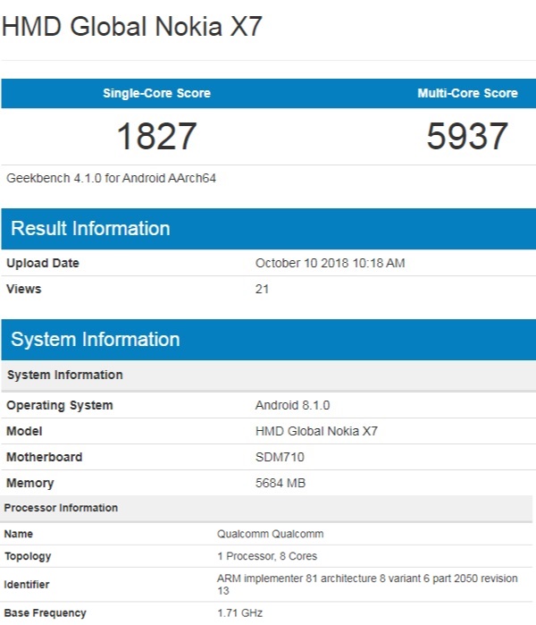 Nokia X7 dùng chip Snapdragon 710 xuất hiện trên Geekbench Nokia X7 dùng chip Snapdragon 710 xuất hiện trên Geekbench