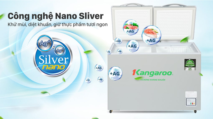 Tủ đông Kangaroo Inverter 290 lít KGFZ290IC1 được trang bị công nghệ Nano Silver giúp loại bỏ mùi hôi, an toàn cho sức khỏe.