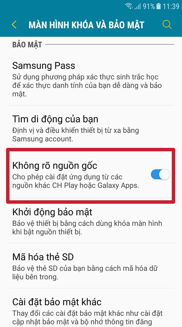 Cho phép cài đặt các ứng dụng không rõ nguồn gốc