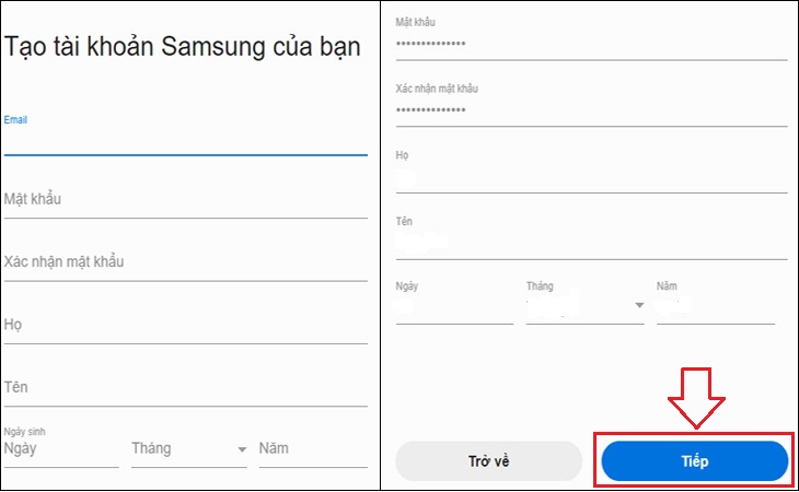 3 cách tạo tài khoản Samsung Account trên Smart tivi Samsung chi tiết > Bạn nhập đầy đủ các thông tin > Chọn Tiếp