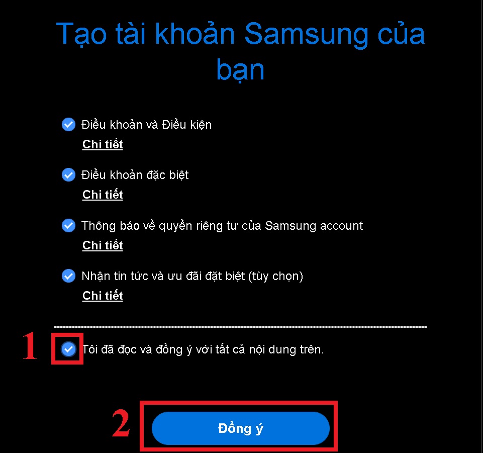 3 cách tạo tài khoản Samsung Account trên Smart tivi Samsung chi tiết > Đọc Điều khoản, chính sách bảo mật Samsung > Chọn Đồng ý